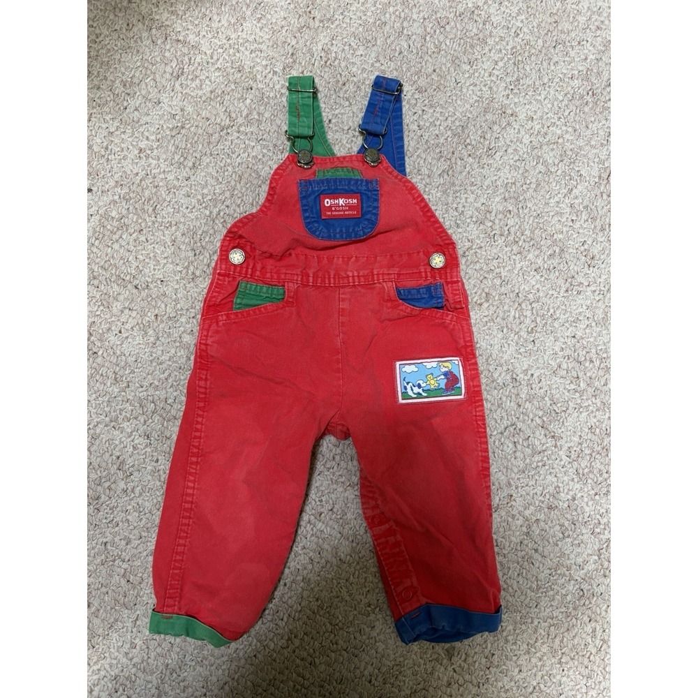 Vintage OshKosh Bgosh Vestbak Overalls 24 Months Colorblock Red Blue Green USA.